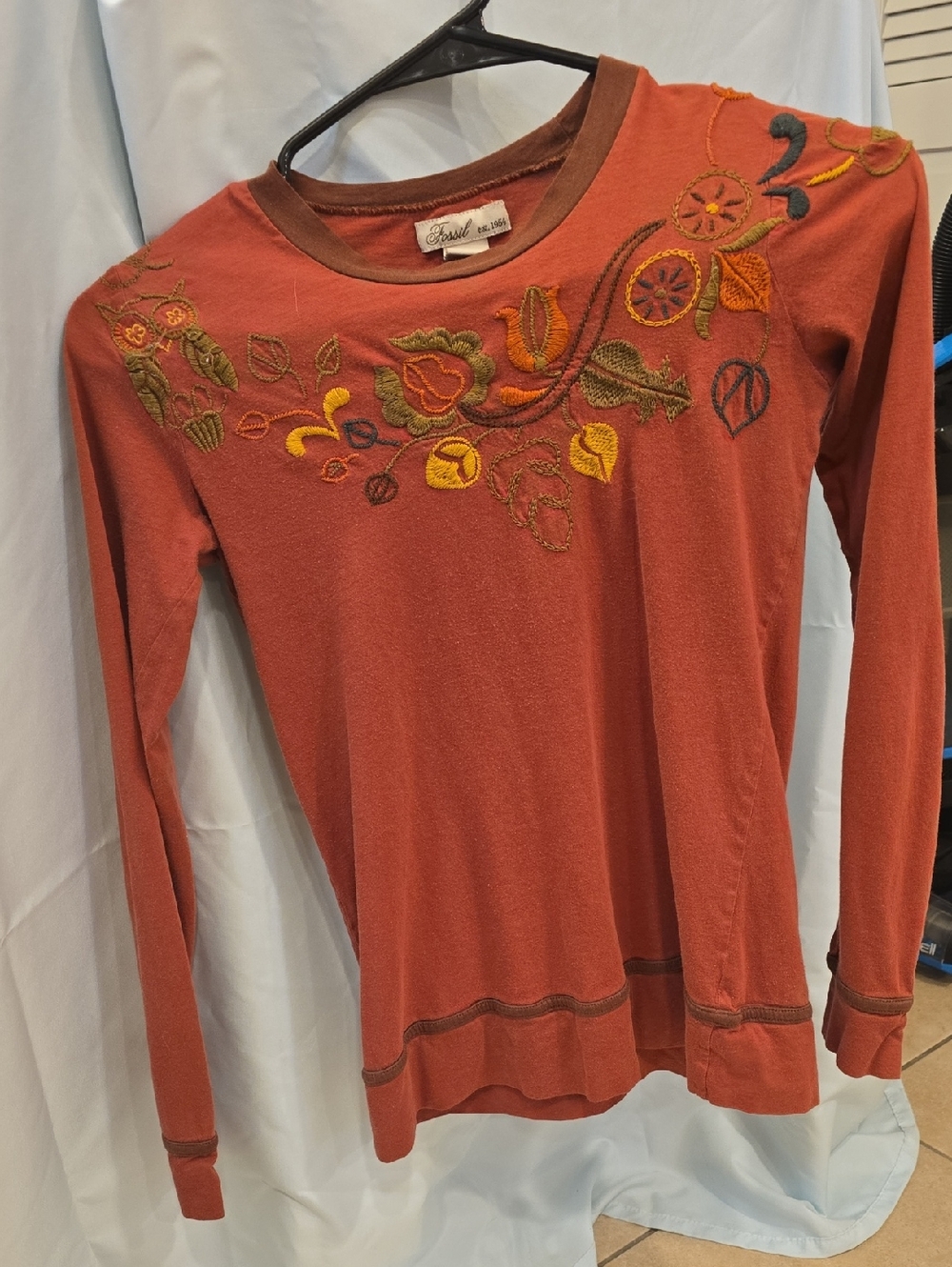 Fossil Rust Embroidered Long-Sleeve Top